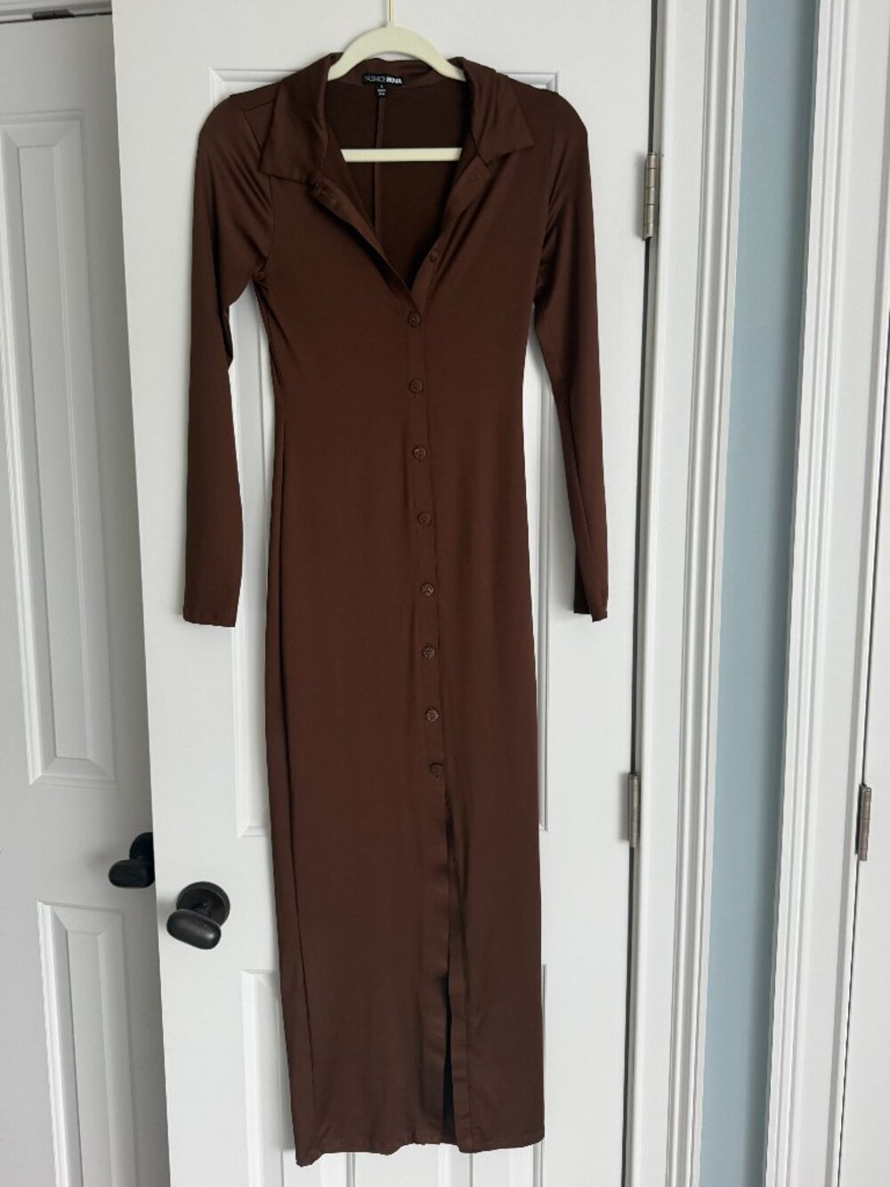 Fashion Nova Chocolate Brown Button Front Maxi Dress – Size S